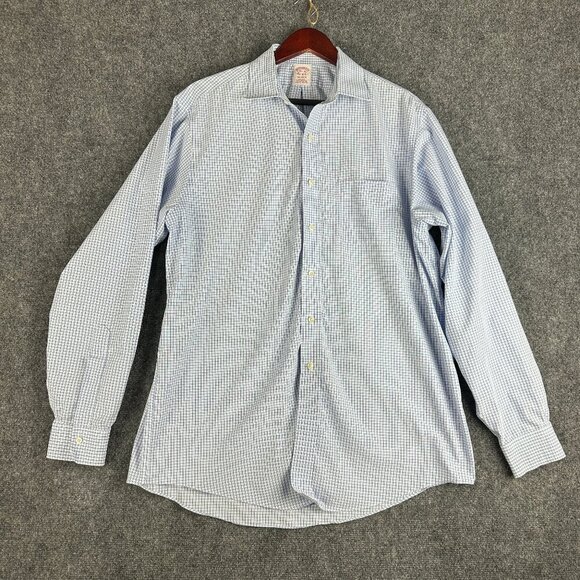 Brooks Brothers Shirt Mens 16.5 Madison Button Up Non Iron Blue White Check Cott - Picture 1 of 9